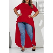 Lovely Casual Asymmetrical Red Plus Size Blouse