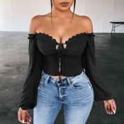 Lovely Leisure Dew Shoulder Black Blouse