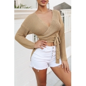 Lovely Casual Lace-up Khaki Sweater
