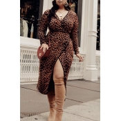 Lovely Trendy Leopard Printed Brown Mid Calf Dress