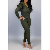 Lovely Casual Flounce Design Army Green Two-piece 