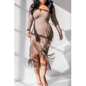 Lovely Casual Tassel Design Khaki Mid Calf Dress