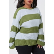Lovely Casual Striped Green Plus Size Sweater