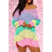 Lovely Leisure Color-lump Patchwork Pink Sweaters