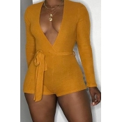 Lovely Sexy Deep V Neck Yellow One-piece Romper