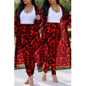 Lovely Casual Leopard Printed Red Plus Size Two-pi