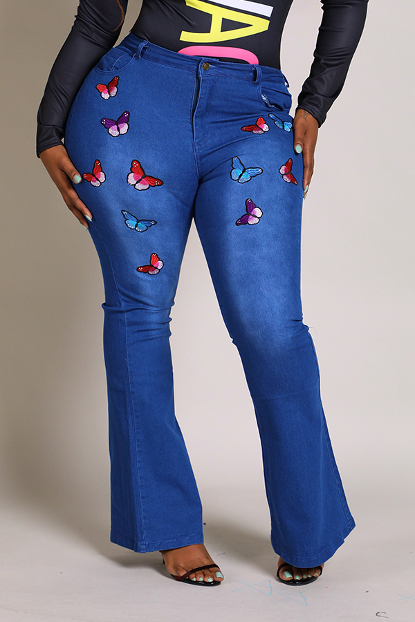 

Lovely Casual Embroidered Design Blue Plus Size Jeans