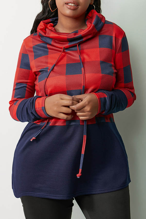 

Lovely Casual Turtleneck Plaid Printed Red Sweatshirt