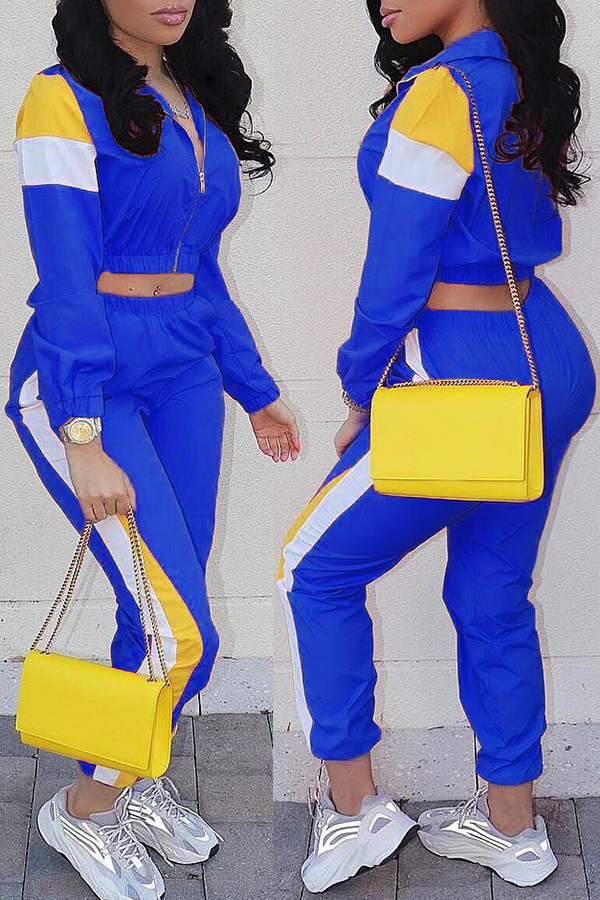 

Lovely Casual Patchwork Blue Two-piece Pants Set