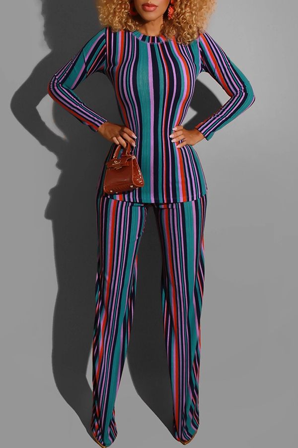 

Lovely Casual O Neck Striped Printed Two-piece Pants Set, Stripe
