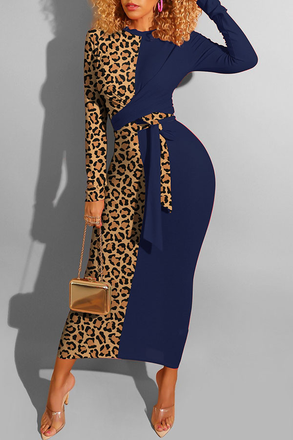 

Lovely Casual Leopard Patchwork Deep Blue Ankle Length Dress