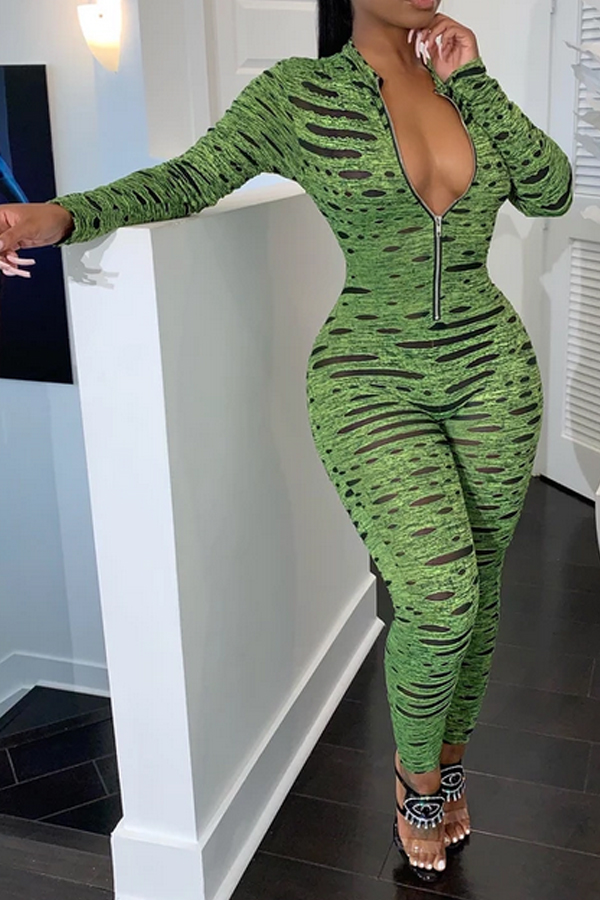 

Lovely Sexy Printed Skinny Green One-piece Jumpsuit