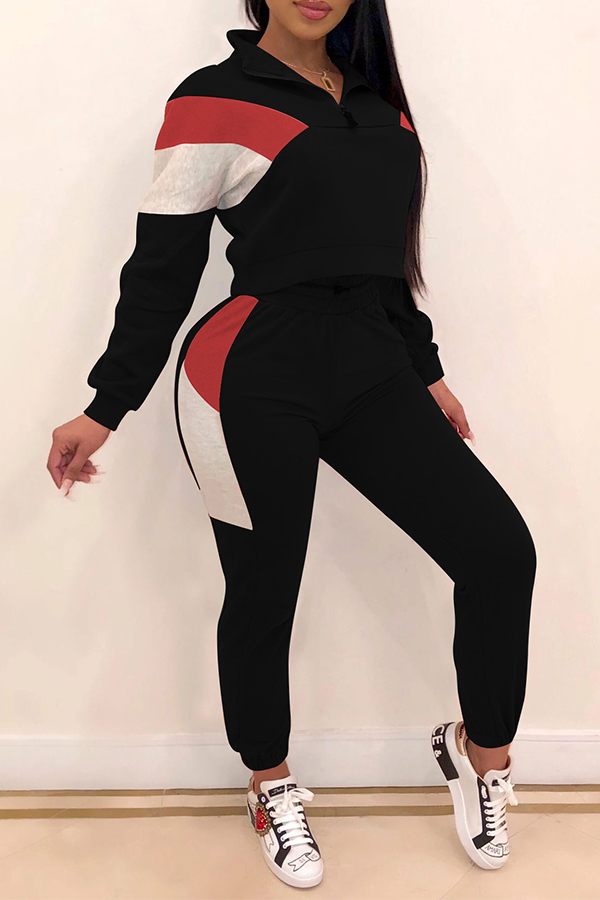 

Lovely Casual Color-lump Patchwork Black Two-piece Pants Set