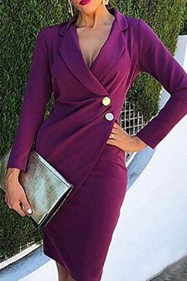 Cheap Dress Lovely Work Buttons Design Purple Knee Length Dress