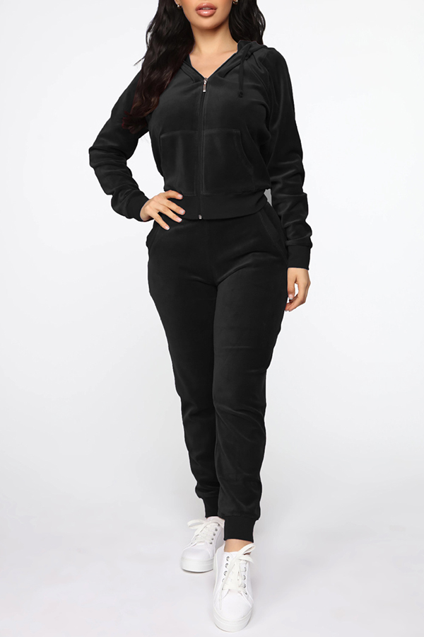

Lovely Casual Hooded Collar Basic Black Two-piece Pants Set