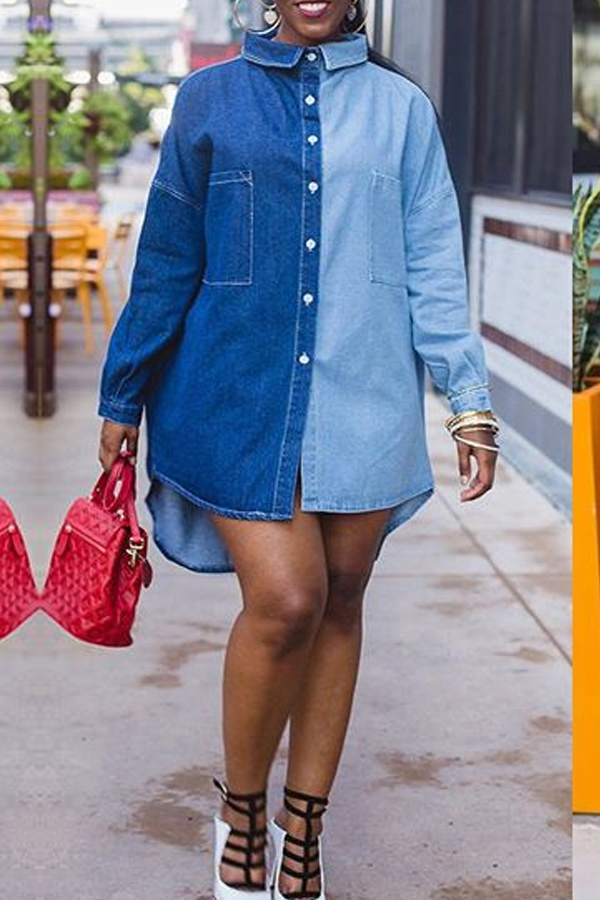 

Lovely Casual Patchwork Blue Knee Length Dress
