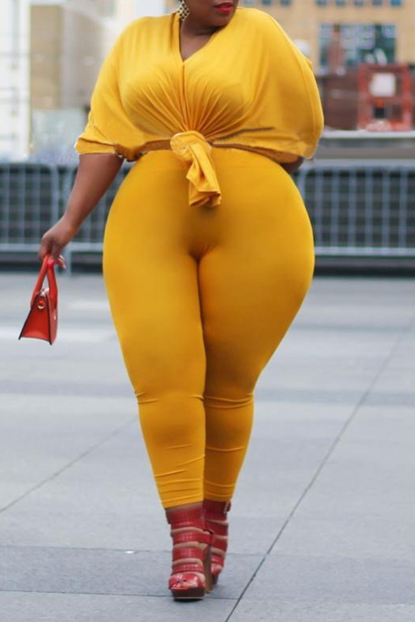 

Lovely Chic Basic Yellow Plus Size Two-piece Pants Set