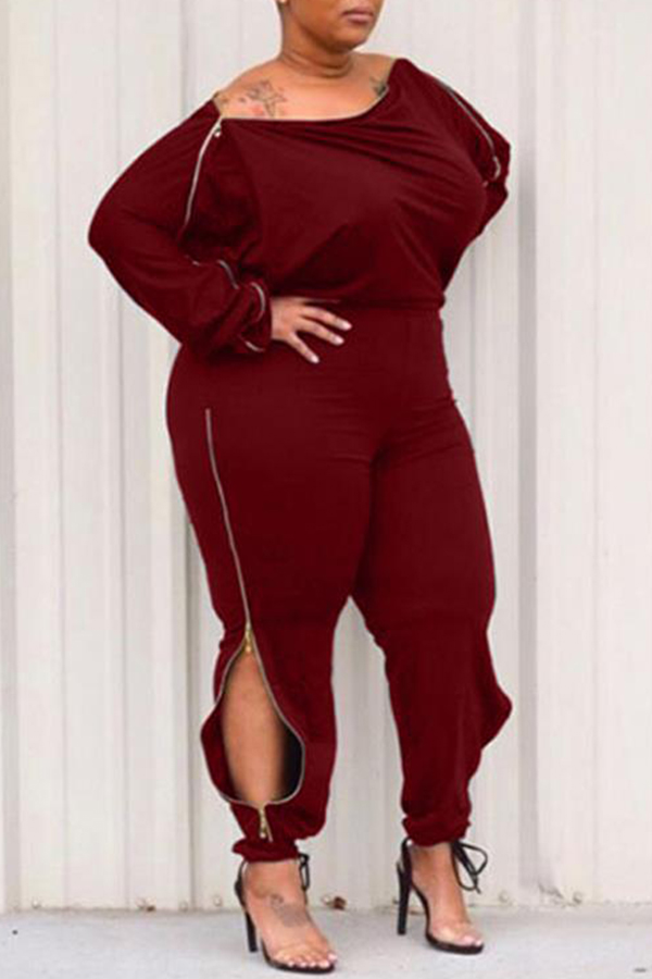 

Lovely Casual Zipper Design Wine Red Plus Size One-piece Jumpsuit