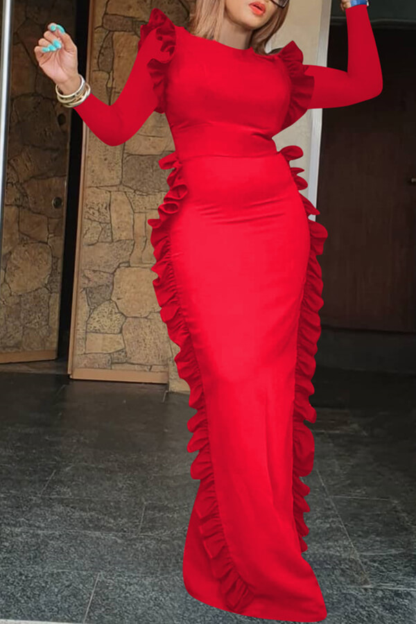 Lovely Casual Flounce Design Red Floor Length Dress от Lovelywholesale WW
