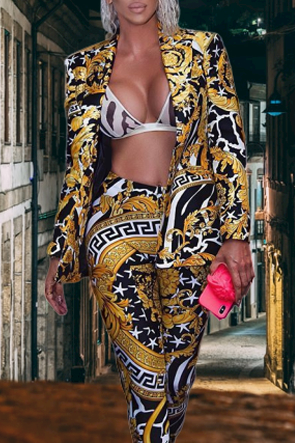 Lovely Casual Turn-back Collar Printed Multicolor Two-piece Pants Set