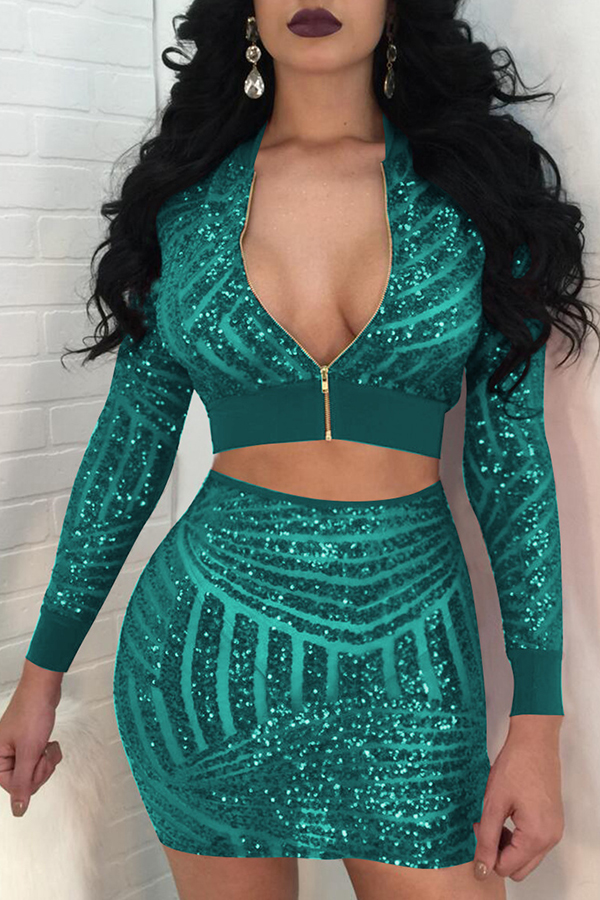 

Lovely Sexy Sequined Green Two-piece Skirt Set