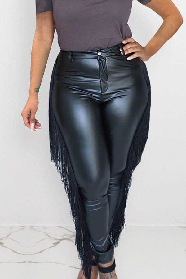 

Lovely Casual Tassel Design Pitch-black PU Pants
