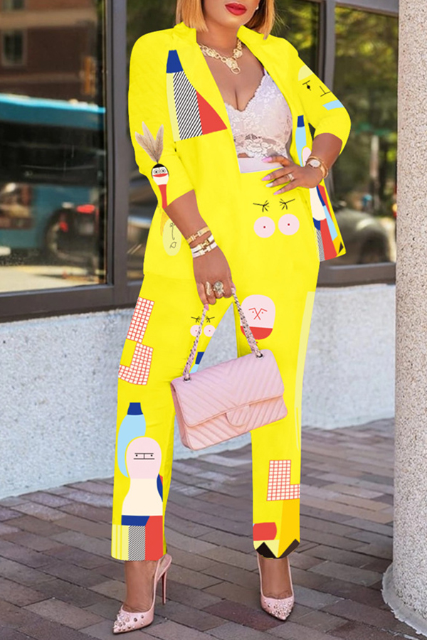 

Lovely Sweet Turn-back Collar Printed Yellow Two-piece Pants Set