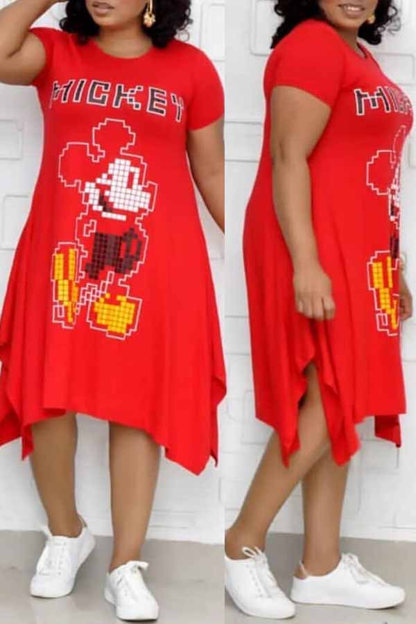 

Lovely Leisure Printed Red Mid Calf Plus Size Dress