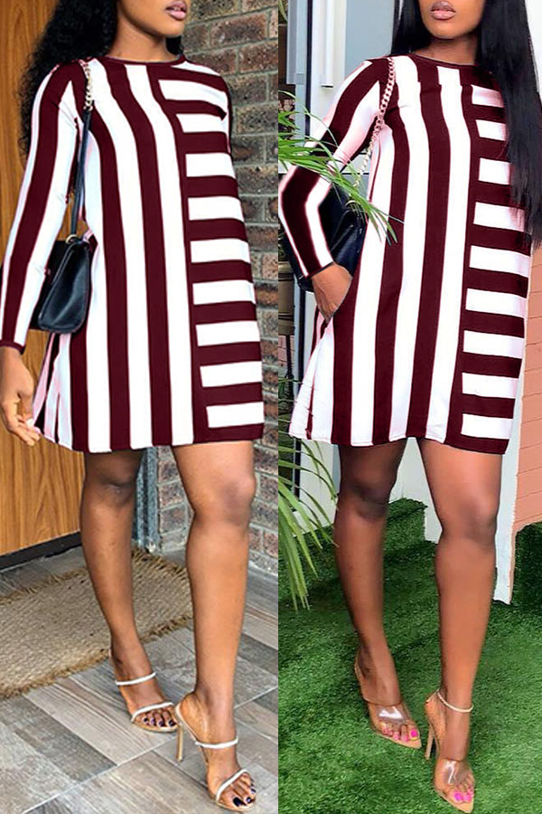 

Lovely Casual Striped Wine Red Mini T-shirt Dress