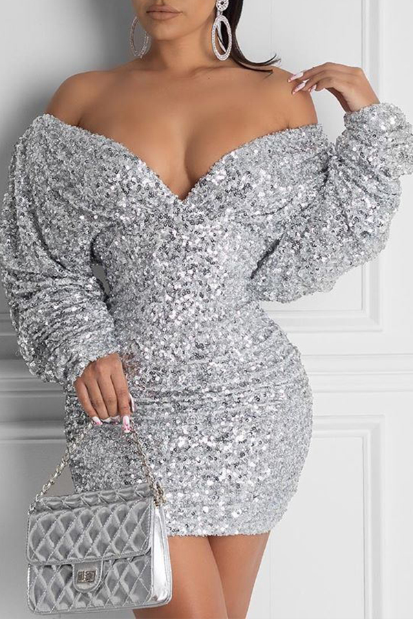 

Lovely Casual Deep V Neck Silver Mini Dress