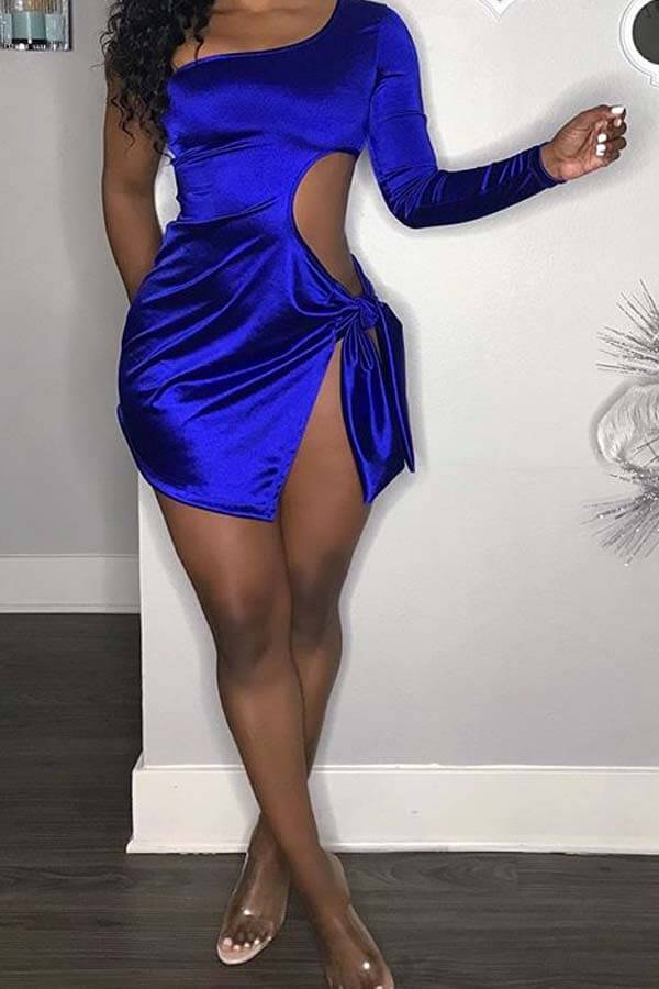 Cheap Dress Lovely Chic One Shoulder Hollow-out Blue Mini Dress