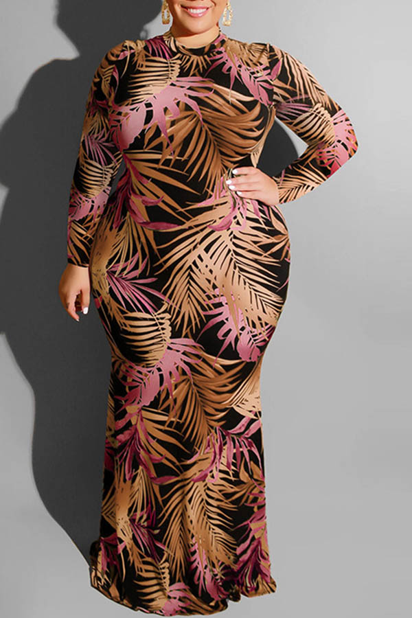 

Lovely Trendy Printed Brown Floor Length Plus Size Dress