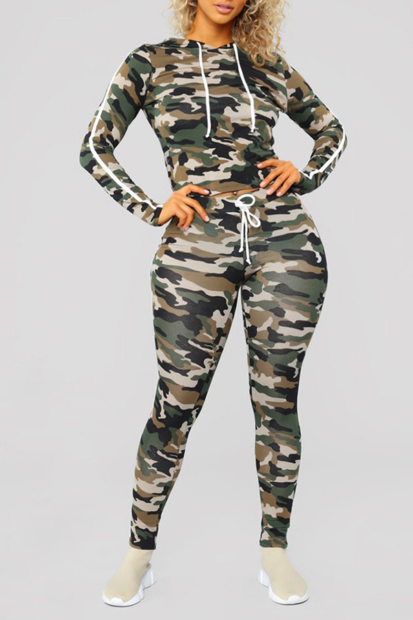 

Lovely Casual Hooded Collar Camouflage Printed Two-piece Pants Set, Camo