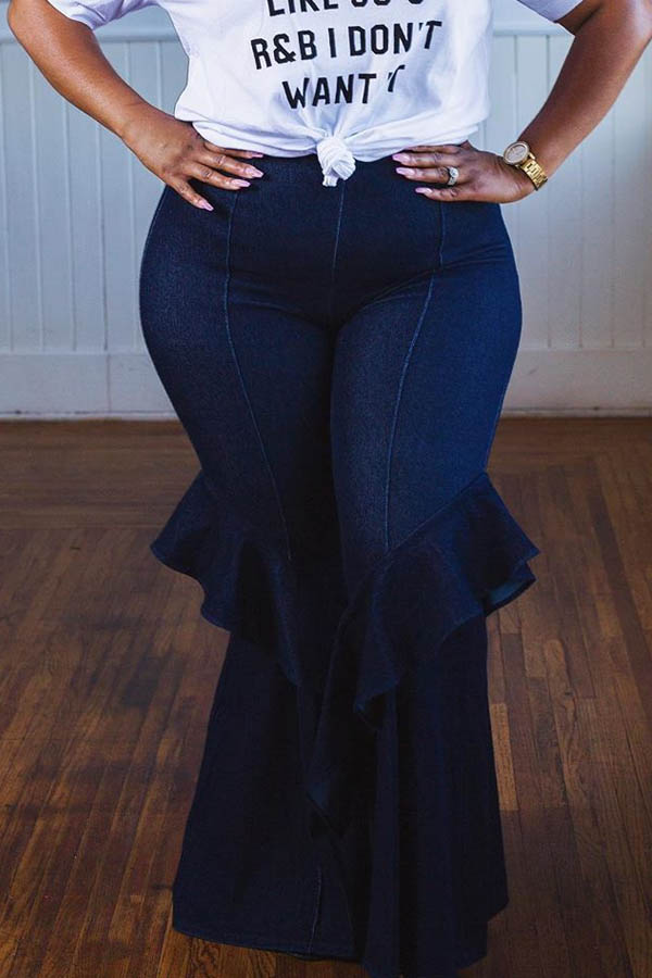 

Lovely Casual Flounce Design Deep Blue Plus Size Jeans