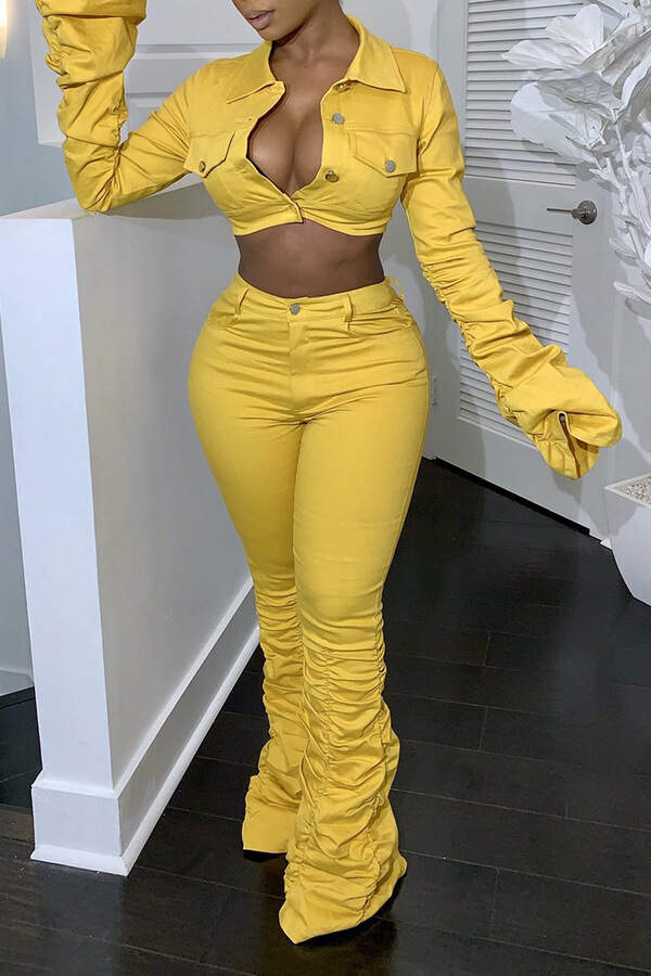 Lovely Casual Ruffle Design Yellow Two-piece Pants Set