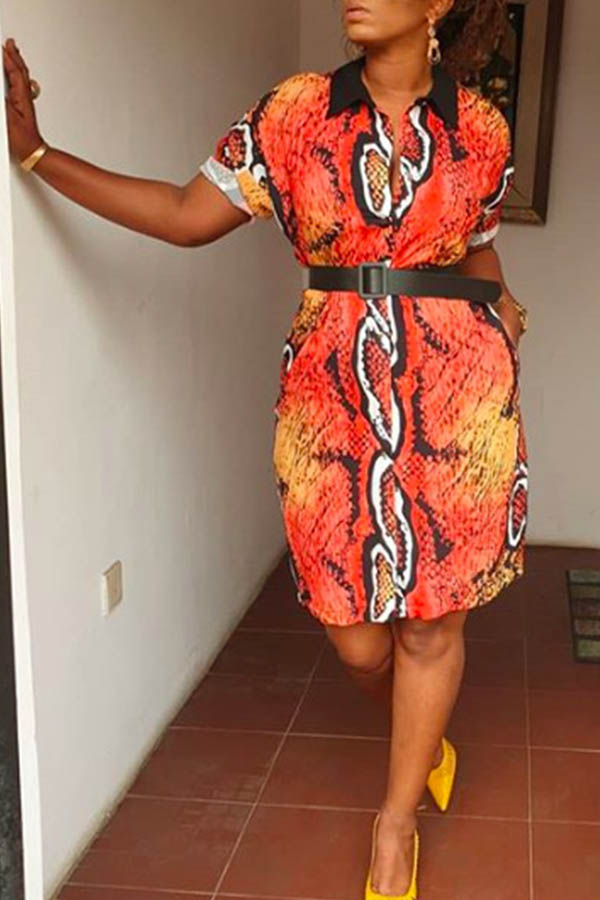 

Lovely Leisure Printed Red Knee Length Dress(With Belt