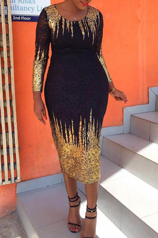 

Lovely Trendy Patchwork Skinny Black Mid Calf Dress