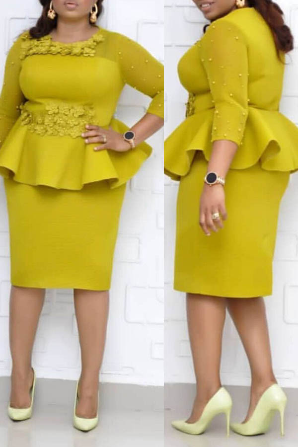 Cheap Plus Size Dress Lovely Temperament Patchwork Yellow Knee Length