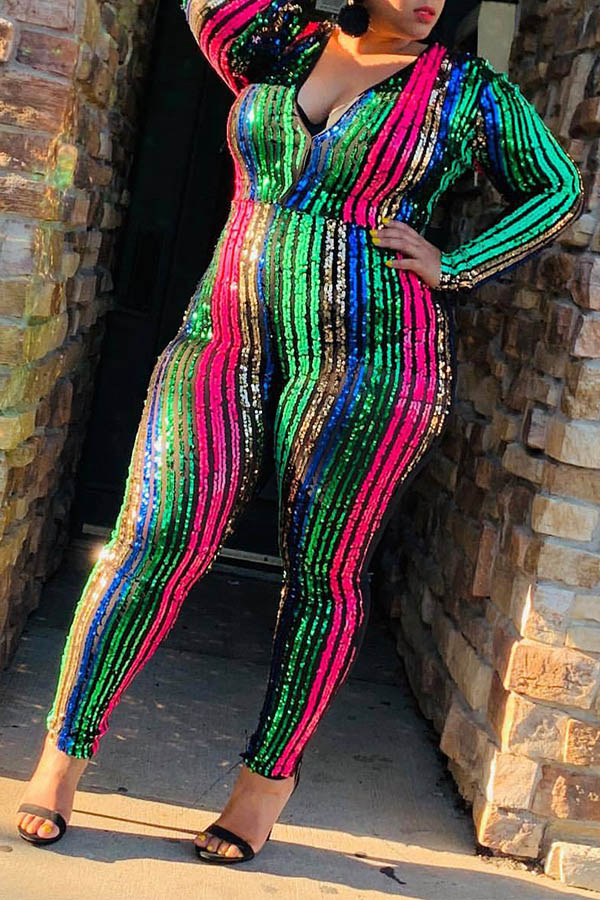 Cheap Plus Size Jumpsuit Lovely Trendy Deep V Neck Patchwork Multicolo