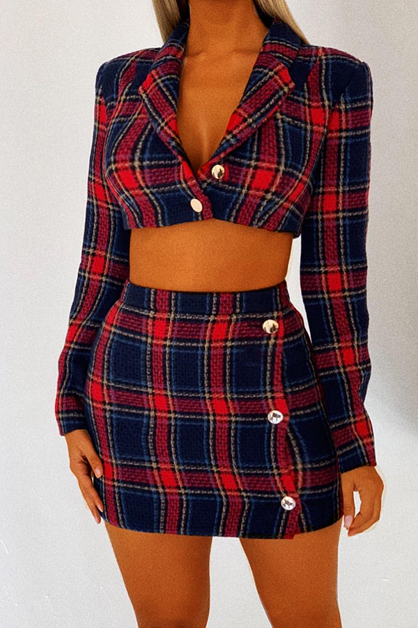 

Lovely Work Turn-back Collar Plaid Printed Red Two-piece Skirt Set
