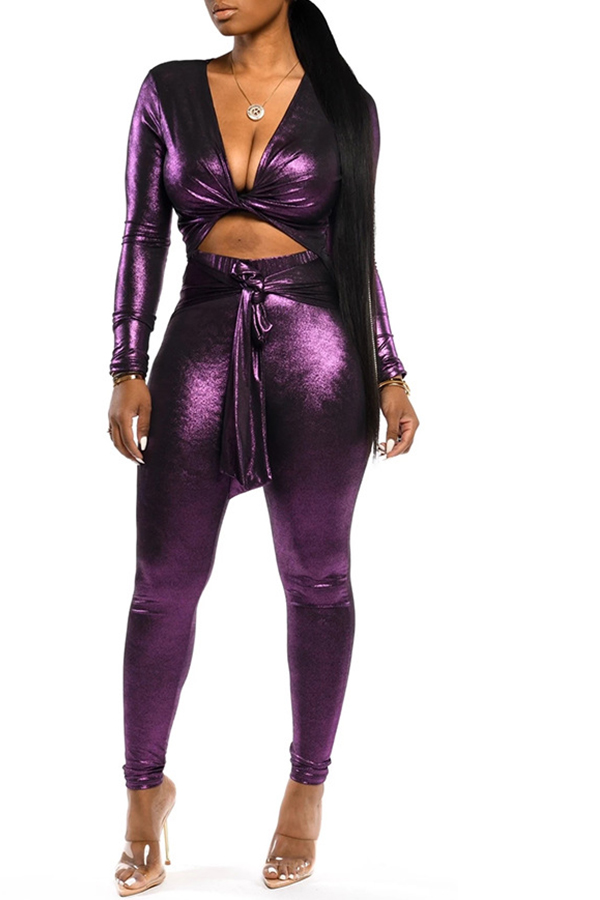 

Lovely Sexy Knot Design Skinny Purple Two-piece Pants Set