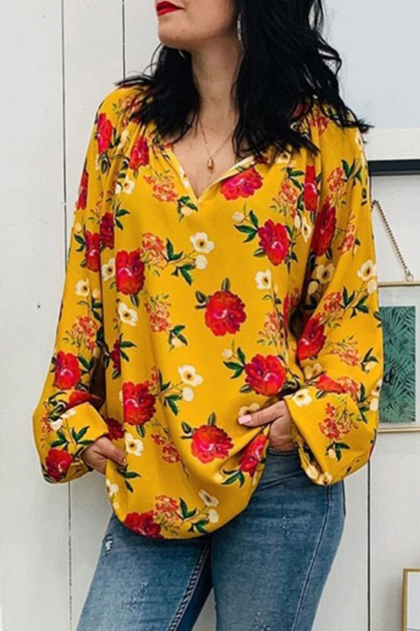 

Lovely Leisure V Neck Printed Yellow Blouse