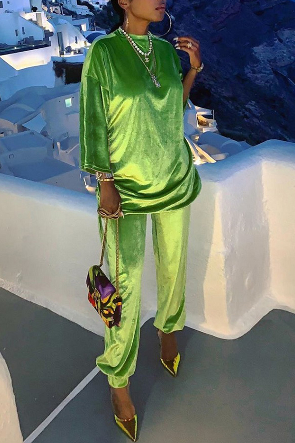 

Lovely Leisure Basic Green Two-piece Pants Set