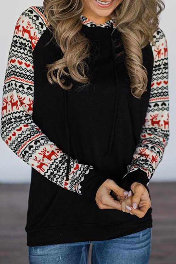 

Lovely Christmas Day Hooded Collar Patchwork Black Hoodie