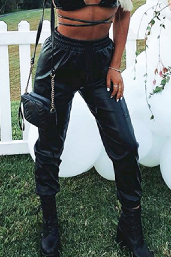 

Lovely Leisure Lace-up Black Plus Size Pants