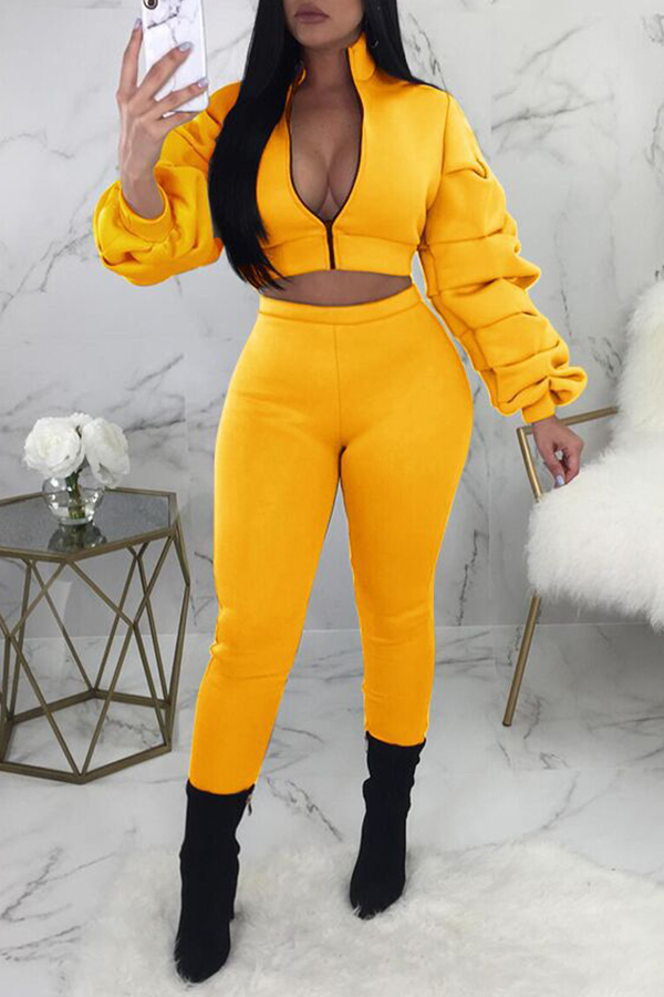 

Lovely Street Zipper Design Yellow Two-piece Pants Set