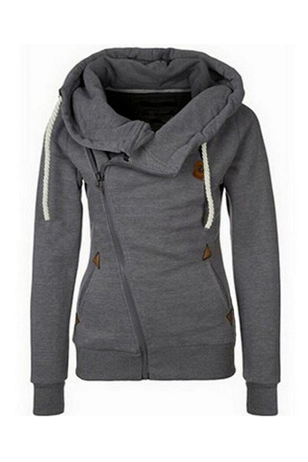 

Lovely Leisure Hooded Collar Zipper Design Dark Grey Hoodie