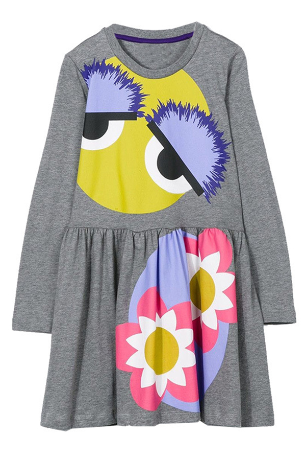 

Lovely Sweet Printed Grey Knee Length Girls Dress
