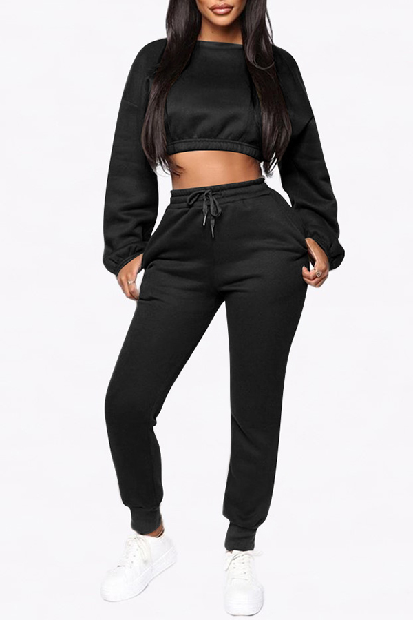 Cheap Two-piece Pants Set Lovely Casual Crop Top Black Two-piece Pants