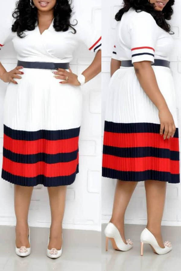 

Lovely Casual Patchwork White Mid Calf Plus Size Dress
